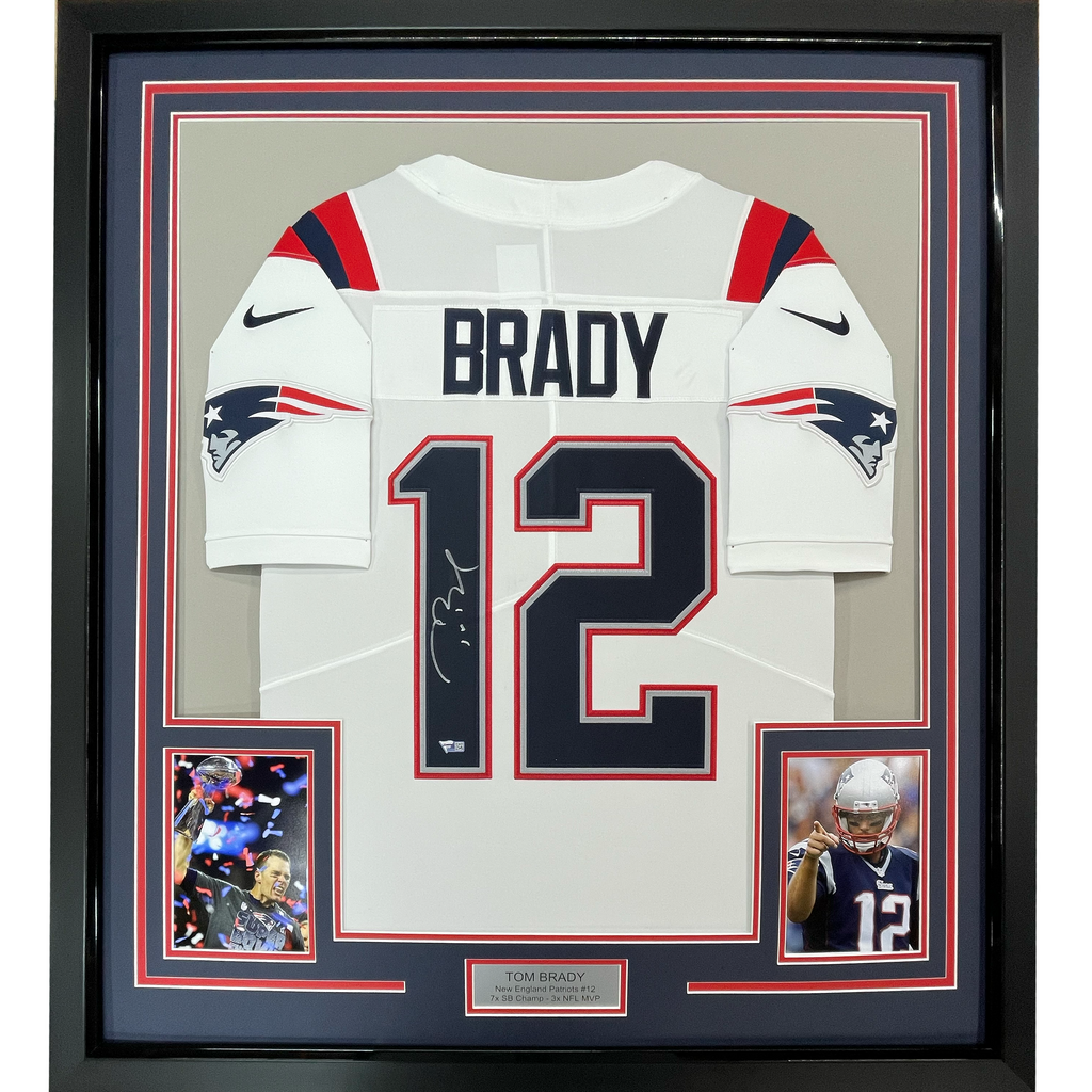 Framed Autographed/Signed Tom Brady 35x39 New England Patriots White Authentic Nike Limited Football Jersey Fanatics COA/LOA