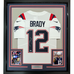 Framed Autographed/Signed Tom Brady 35x39 New England Patriots White Authentic Nike Limited Football Jersey Fanatics COA/LOA