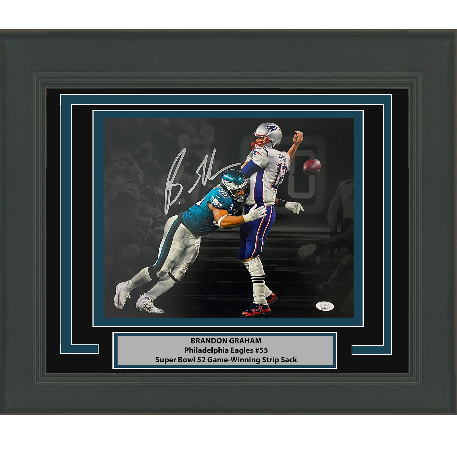 Framed Autographed/Signed Brandon Graham Philadelphia Eagles Spotlight Game Winning Strip Sack Fumble vs. Tom Brady Super Bowl LII 52 Champions 11x14 Football Photo JSA COA