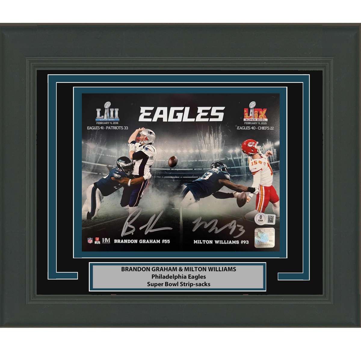 Framed Autographed/Signed Brandon Graham & Milton Williams Dual Philadelphia Eagles Super Bowl Champions 16x20 Football Photo Beckett BAS COA