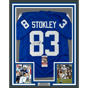 Framed Autographed/Signed Brandon Stokley 35x39 Indianapolis Blue Football Jersey JSA COA