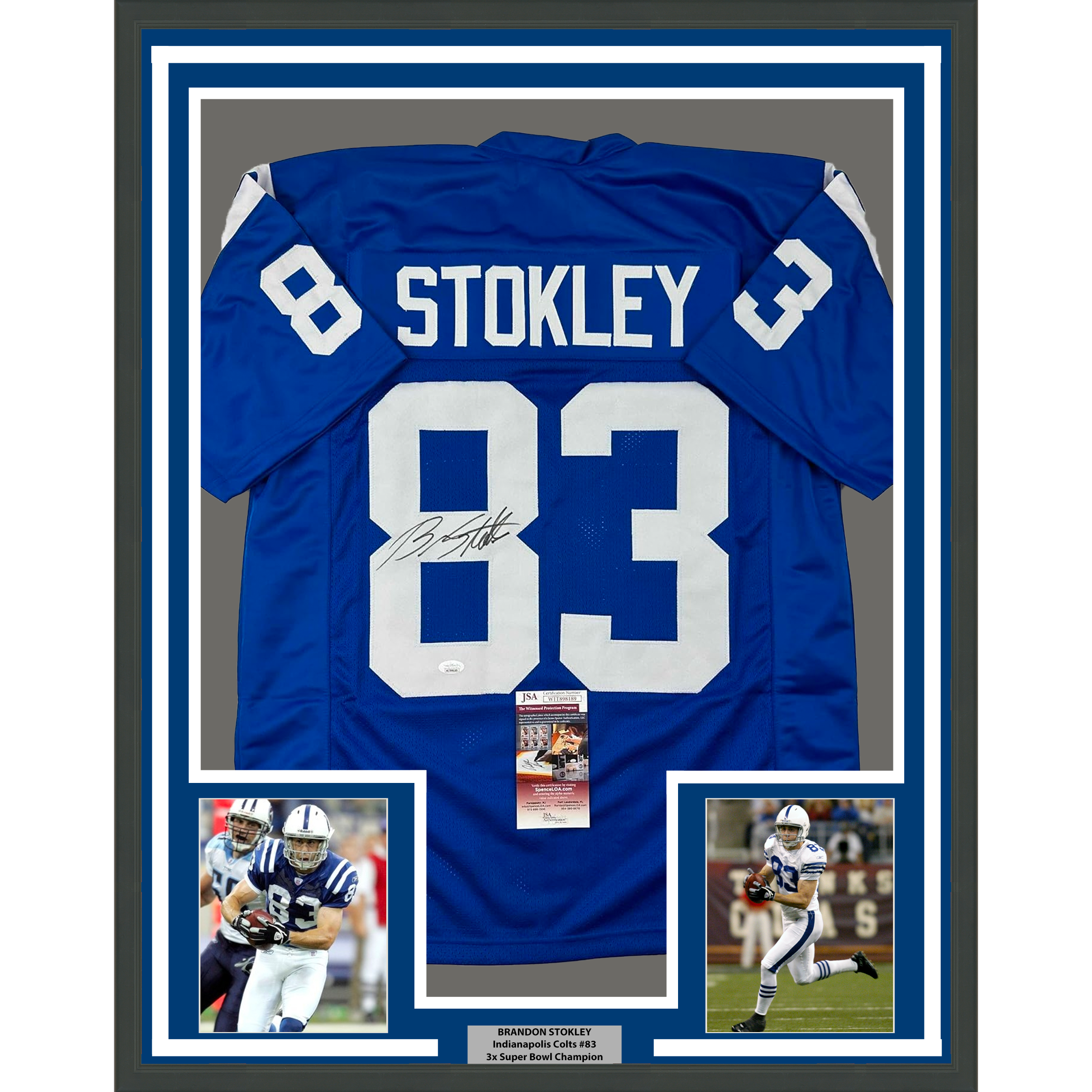 Framed Autographed/Signed Brandon Stokley 35x39 Indianapolis Blue Football Jersey JSA COA