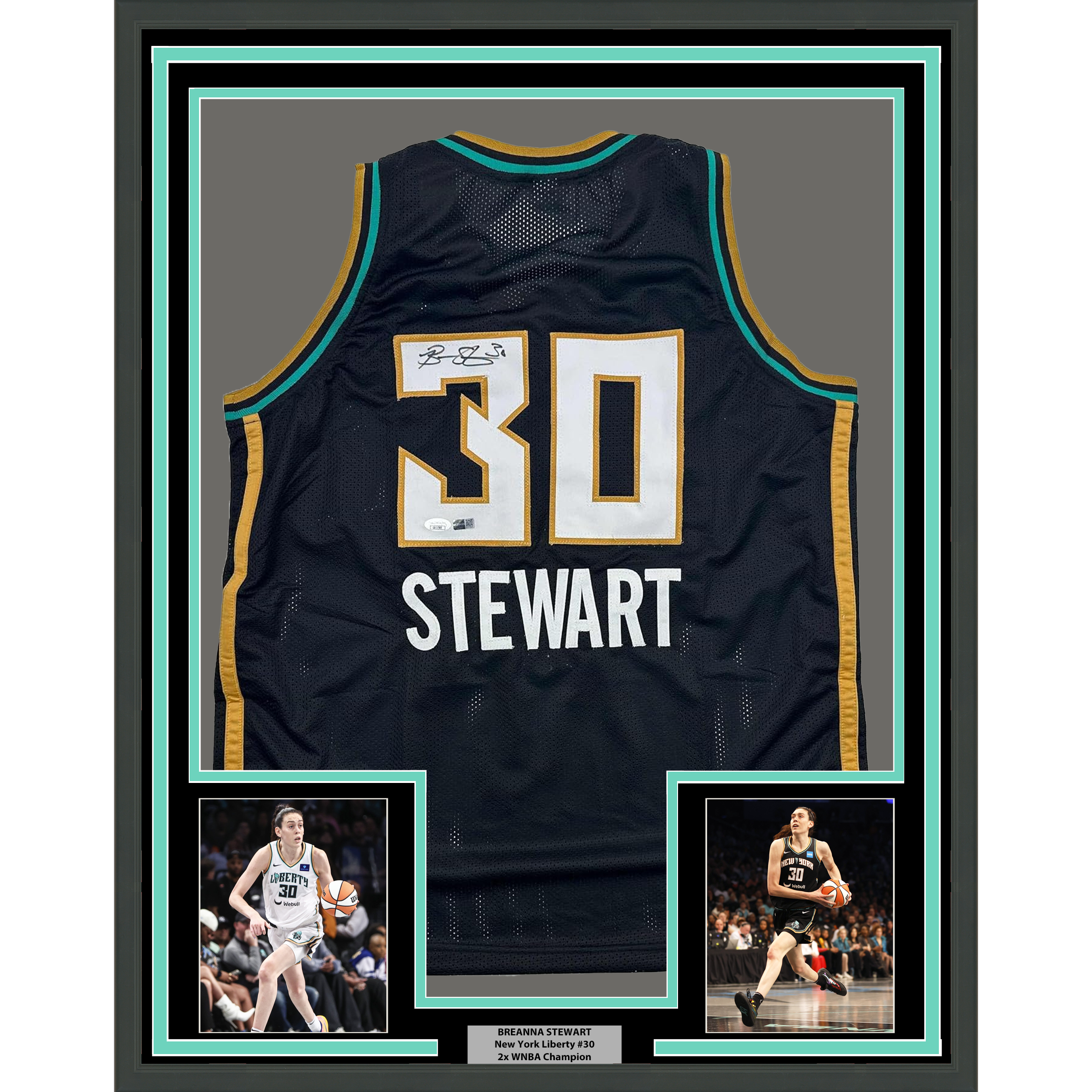 Framed Autographed/Signed Breanna Stewart 35x39 New York Black Basketball Jersey JSA COA