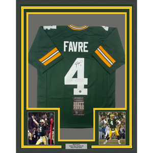 Framed Autographed/Signed Brett Favre 35x39 Green Bay Green Football Jersey Favre Hologram COA
