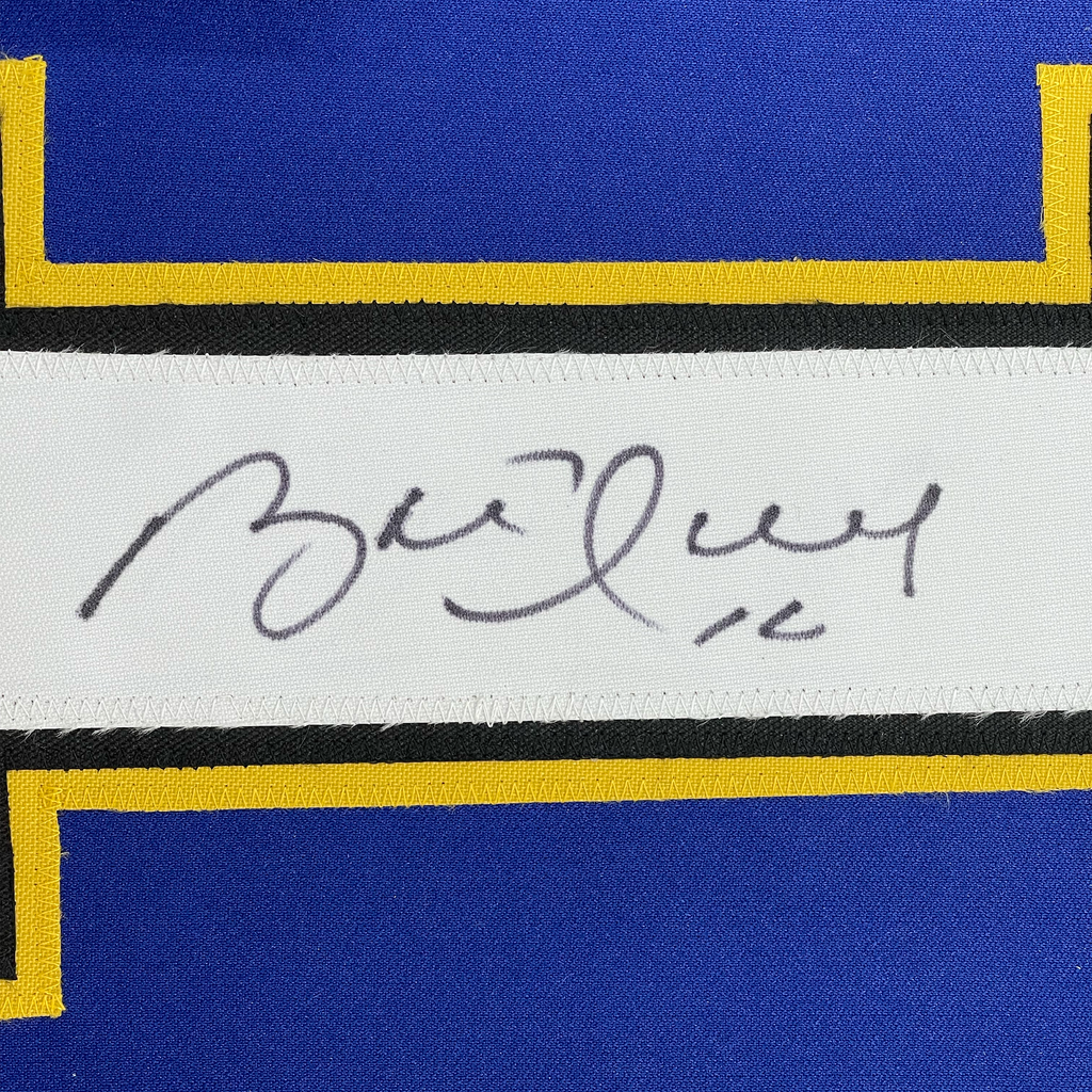 Framed Autographed/Signed Brett Hull 35x39 St. Louis Blue White Numbers Hockey Jersey JSA COA