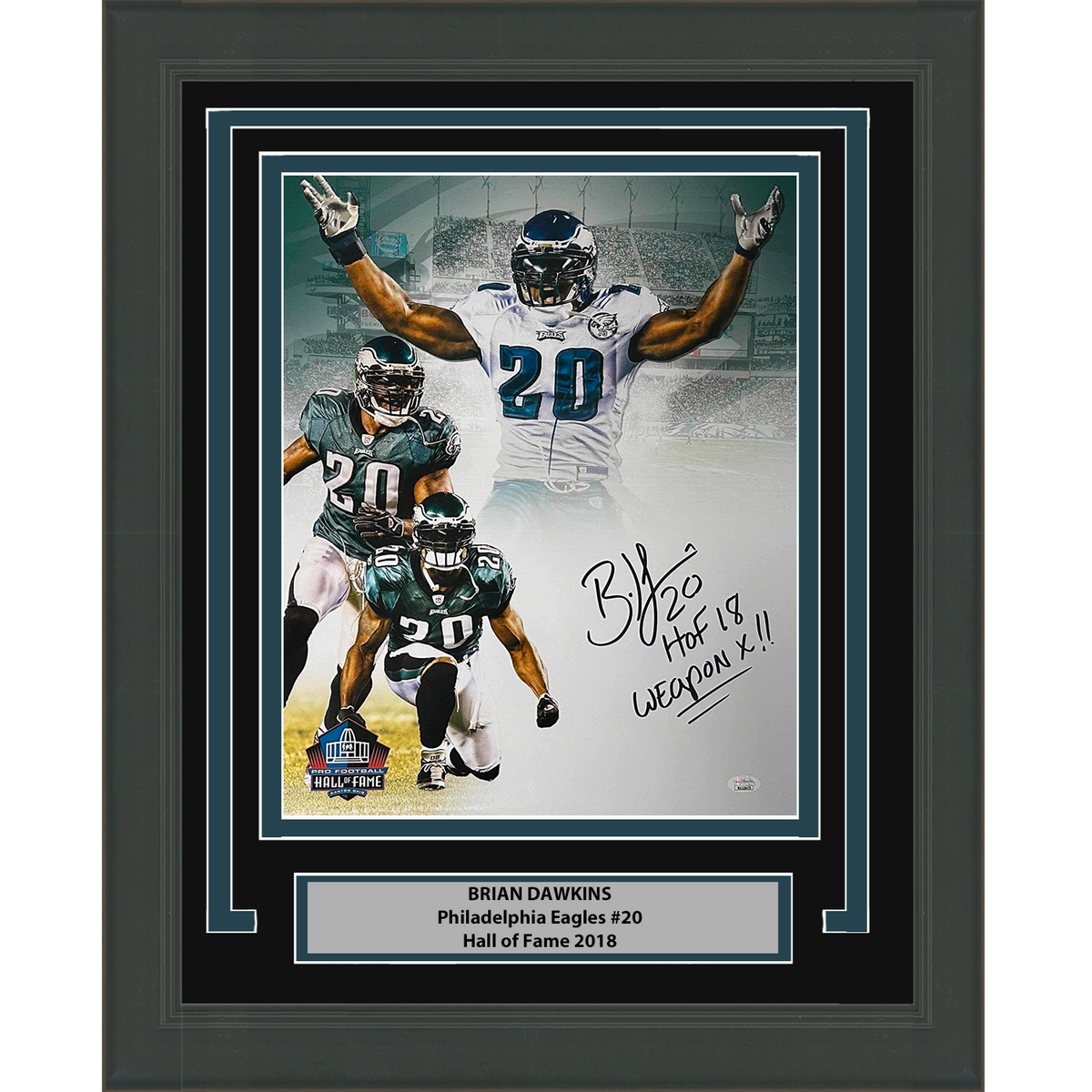 Framed Autographed/Signed Brian Dawkins 2x Inscribed HOF 18 Weapon X Philadelphia Eagles 16x20 Football Photo JSA COA