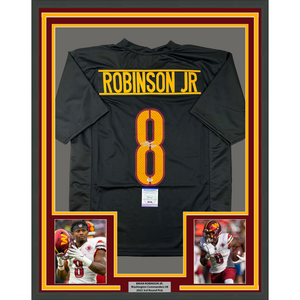 Framed Autographed/Signed Brian Robinson Jr. 35x39 Washington Black Football Jersey PSA/DNA COA