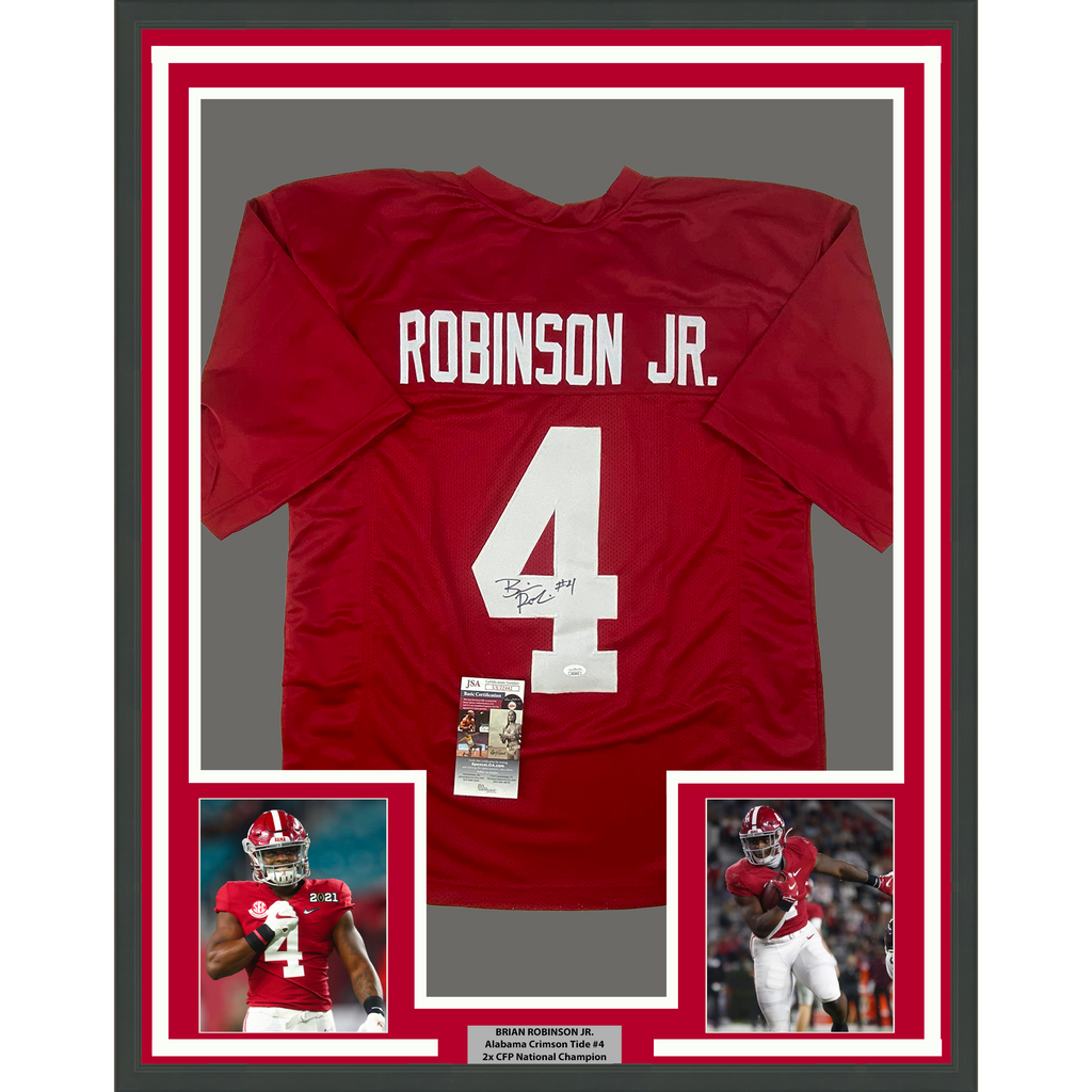 Framed Autographed/Signed Brian Robinson Jr. 35x39 Alabama Red College Football Jersey JSA COA