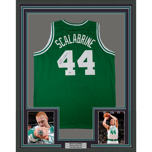 Framed Autographed/Signed Brian Scalabrine 35x39 Boston Green Basketball Jersey Steiner COA