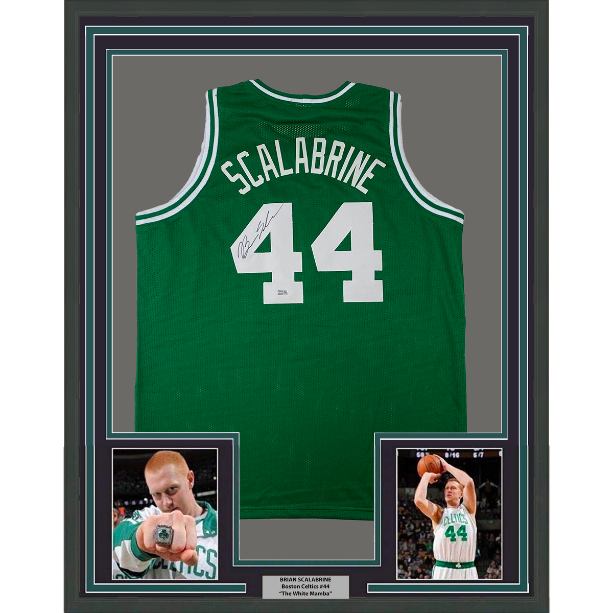Framed Autographed/Signed Brian Scalabrine 35x39 Boston Green Basketball Jersey Steiner COA