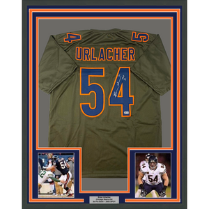 Framed Autographed/Signed Brian Urlacher 35x39 HOF 18 Chicago Green Salute To Service Football Jersey Beckett BAS COA