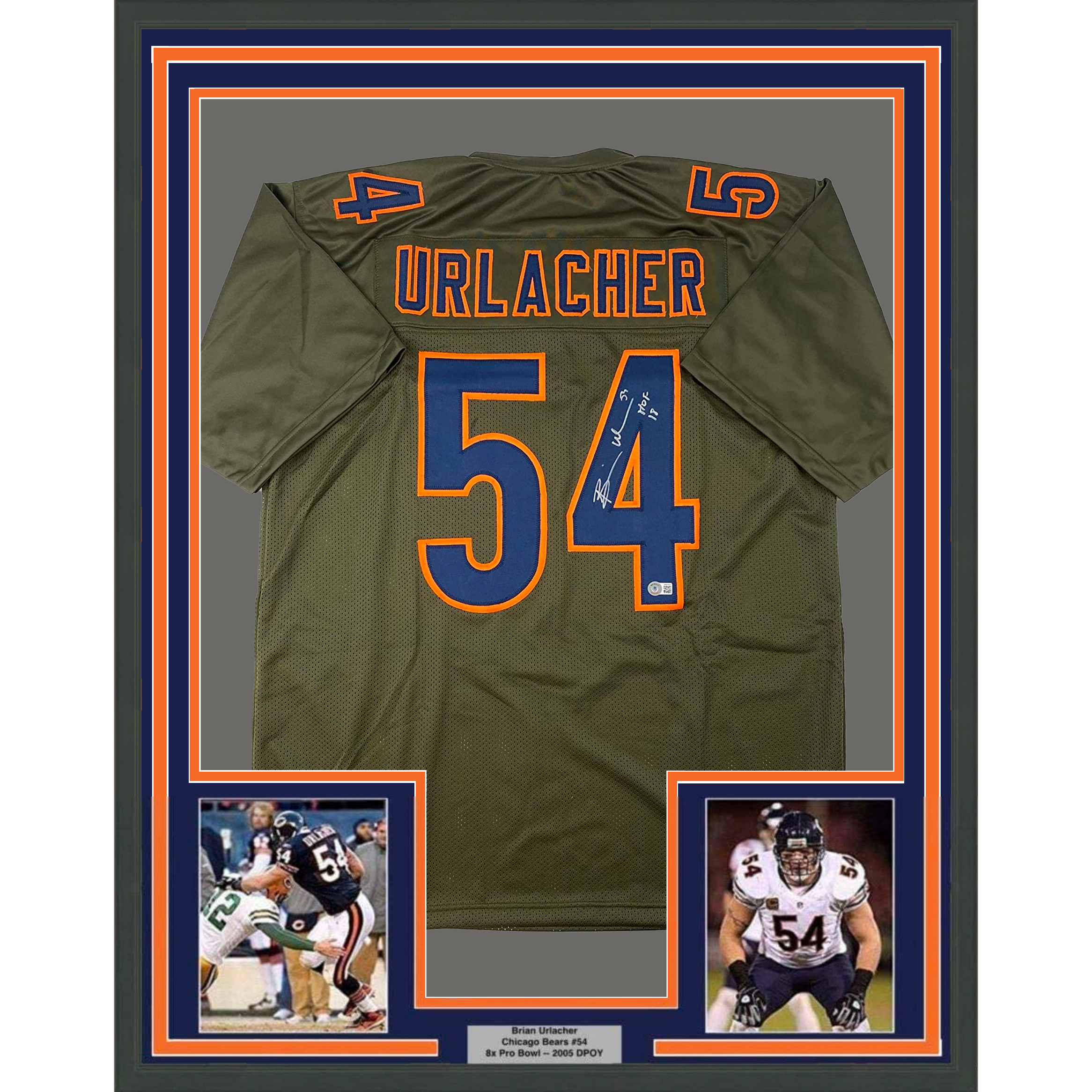 Framed Autographed/Signed Brian Urlacher 35x39 HOF 18 Chicago Green Salute To Service Football Jersey Beckett BAS COA