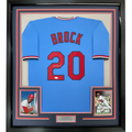 Framed Autographed/Signed Lou Brock 35x39 St. Louis Blue Baseball Jersey JSA COA
