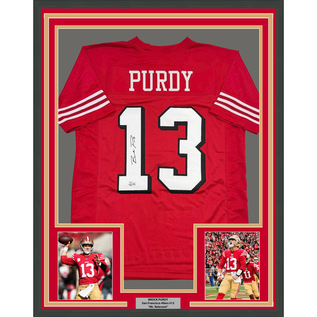 Framed Autographed/Signed Brock Purdy 35x39 San Francisco Red Alternate Football Jersey Beckett BAS COA