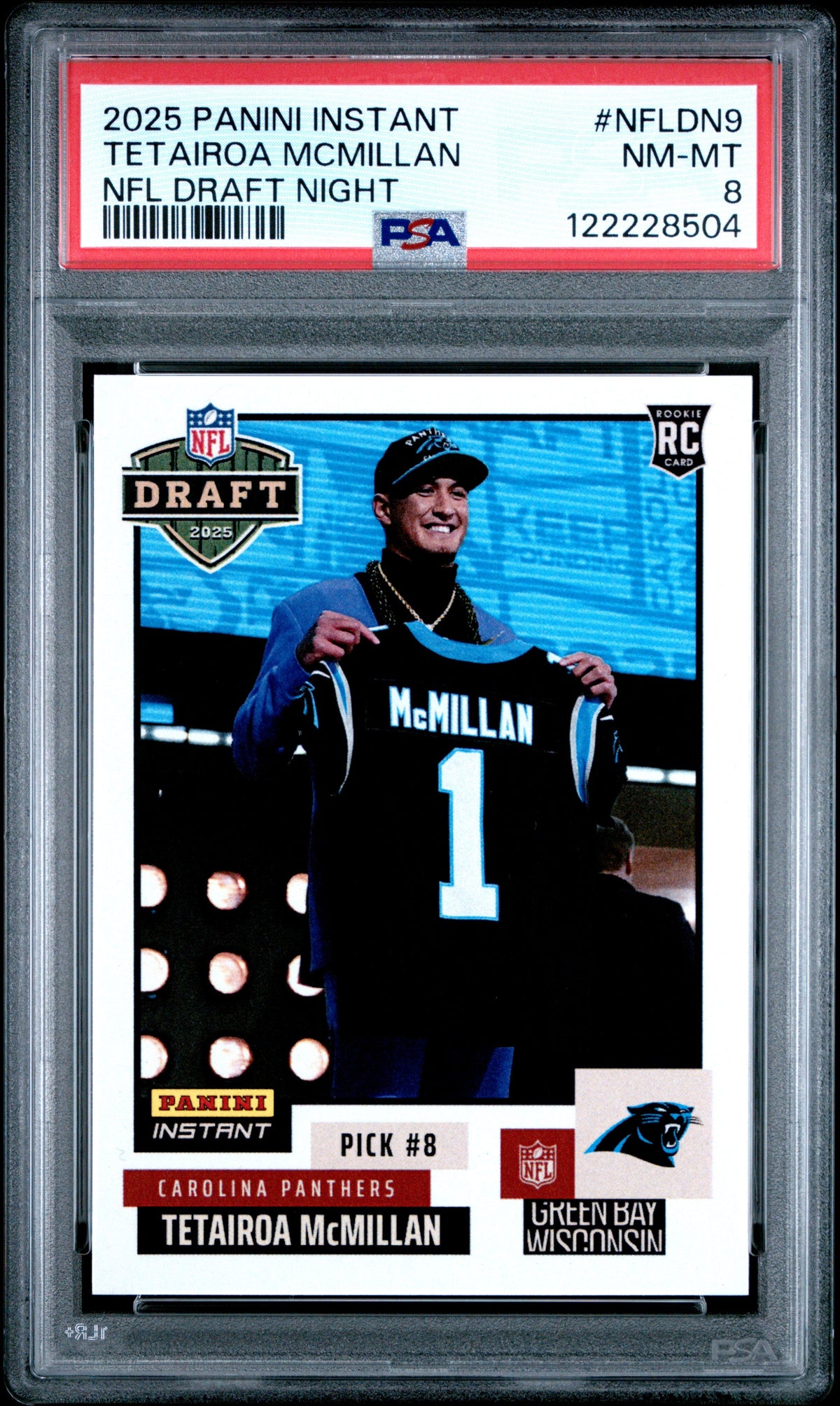 Graded 2025 Panini Instant Tetairoa McMillan #NFLDN9 NFL Draft Night Rookie RC Football Card PSA 8 Near Mint