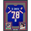 Framed Autographed/Signed Bruce Smith 35x39 Buffalo Blue Football Jersey JSA COA