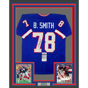 Framed Autographed/Signed Bruce Smith 35x39 Buffalo Blue Football Jersey JSA COA