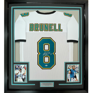 Framed Autographed/Signed Mark Brunell 35x39 Jacksonville White Football Jersey Beckett BAS COA