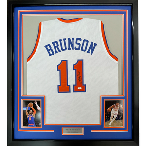 Framed Autographed/Signed Jalen Brunson 35x39 New York White Basketball Jersey PSA/DNA COA