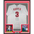 Framed Autographed/Signed Bryce Harper 35x39 Philadelphia Phillies Pinstripe Replica Baseball Jersey Fanatics & MLB COA