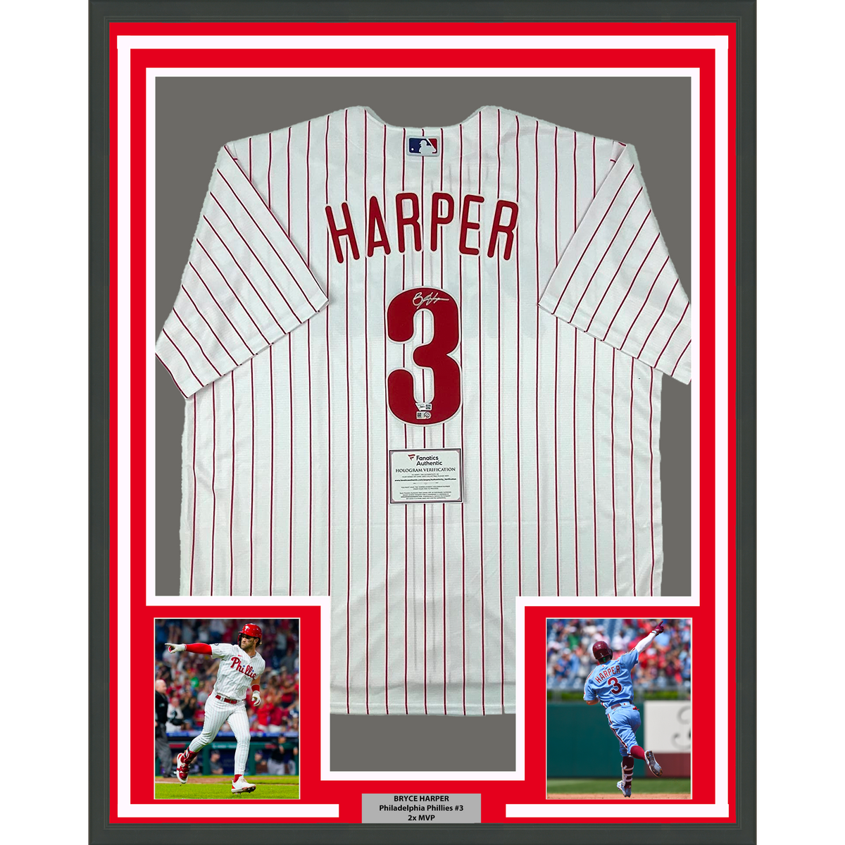 Framed Autographed/Signed Bryce Harper 35x39 Philadelphia Phillies Pinstripe Replica Baseball Jersey Fanatics & MLB COA