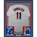 Framed Autographed/Signed Buck Showalter 35x39 New York Pinstripe Baseball Jersey Beckett BAS COA