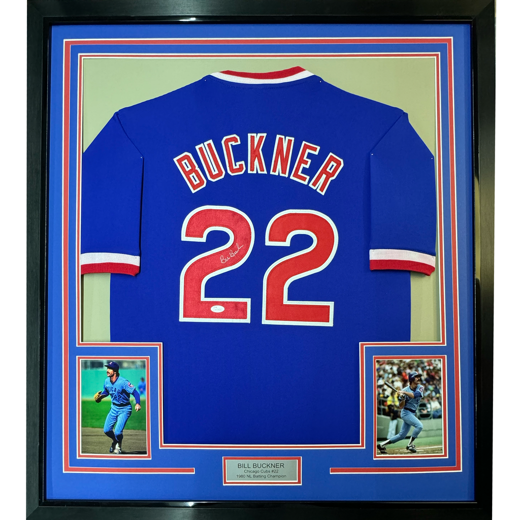 Framed Autographed/Signed Bill Buckner 35x39 Chicago Blue Baseball Jersey JSA COA