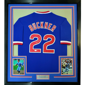 Framed Autographed/Signed Bill Buckner 35x39 Chicago Blue Baseball Jersey JSA COA