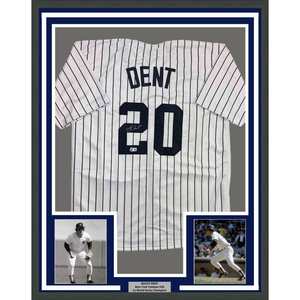 Framed Autographed/Signed Bucky Dent 35x39 New York Pinstripe Baseball Jersey Beckett BAS COA