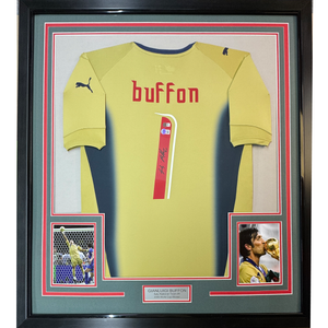 Framed Autographed/Signed Gianluigi Buffon 35x39 Italy Gold Soccer Futbol Jersey Beckett BAS COA