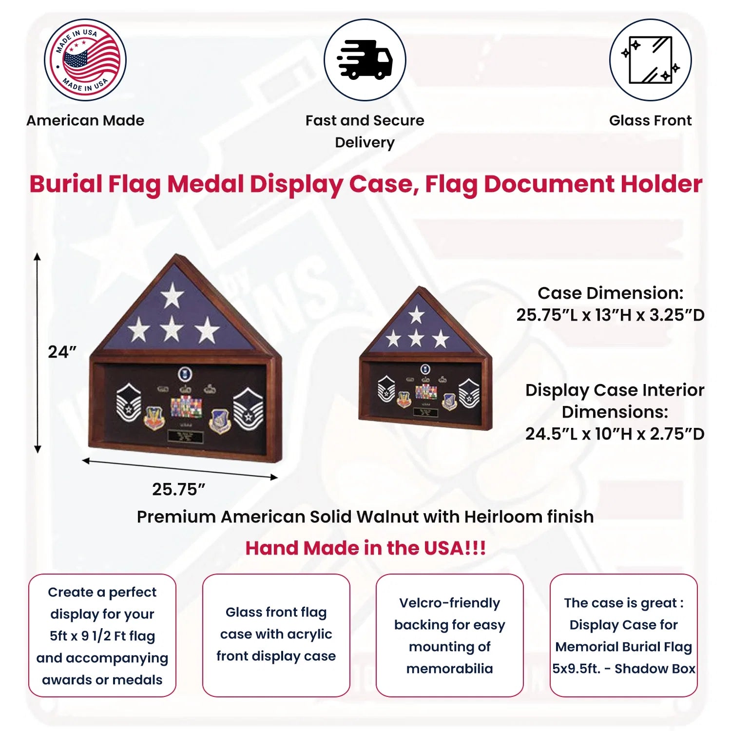 Burial Flag Medal Display case, Ceremonial Flag display - Fit 3' x 5' Flag or Fit 5' x 9.5' Casket Flag.