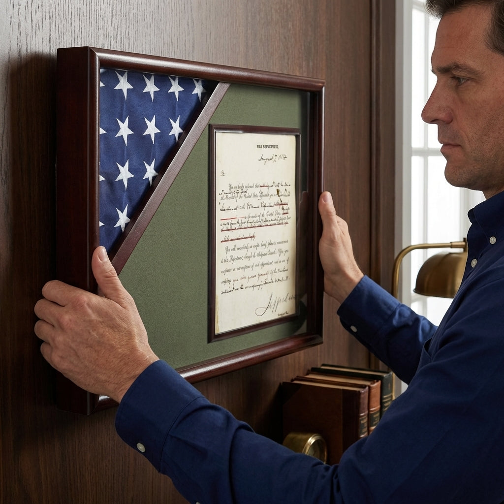 Shadow box for 3' x 5' flag with 8.5 x 11 Document holder, Cherry Finish