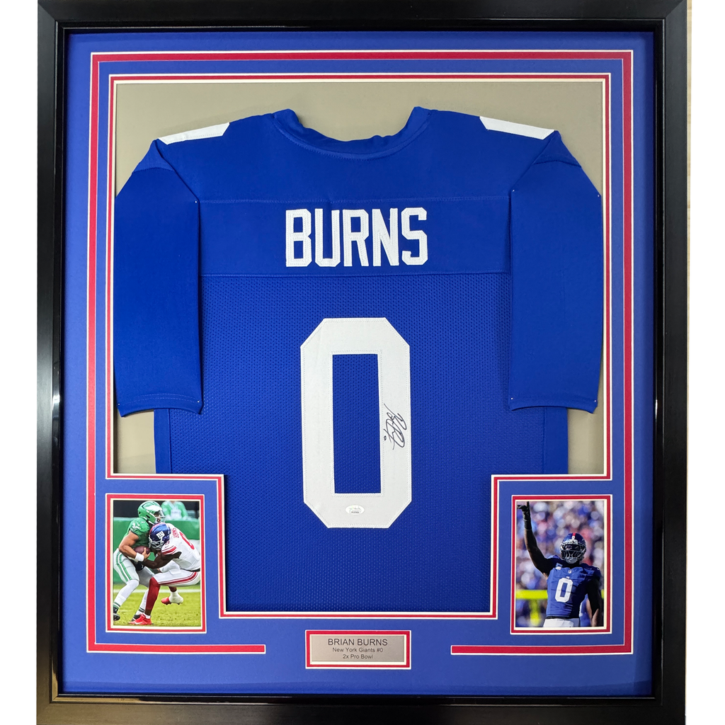 Framed Autographed/Signed Brian Burns 35x39 New York Blue Football Jersey JSA COA