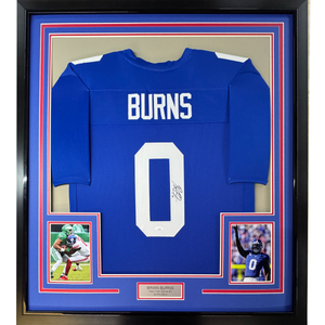 Framed Autographed/Signed Brian Burns 35x39 New York Blue Football Jersey JSA COA