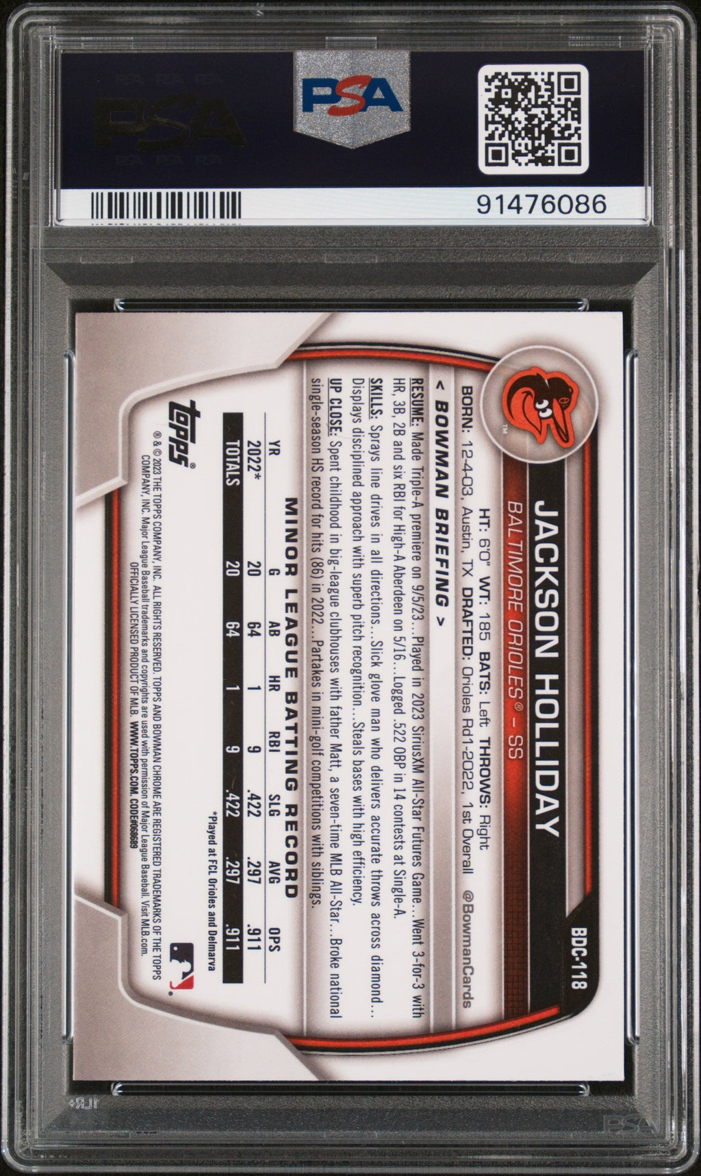 Graded 2023 Topps Bowman Draft Jackson Holliday #BDC118 Chrome Purple /250 Rookie RC Baseball Card PSA 10 Gem Mint