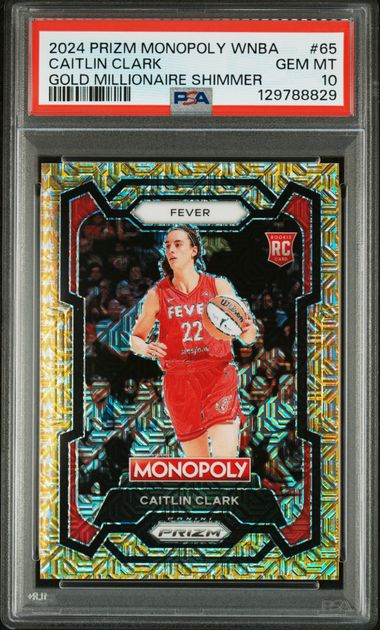 Graded 2024 Panini Prizm Monopoly WNBA Caitlin Clark #65 /500 Gold Millionaire Shimmer Rookie RC Basketball Card PSA 10 Gem Mint