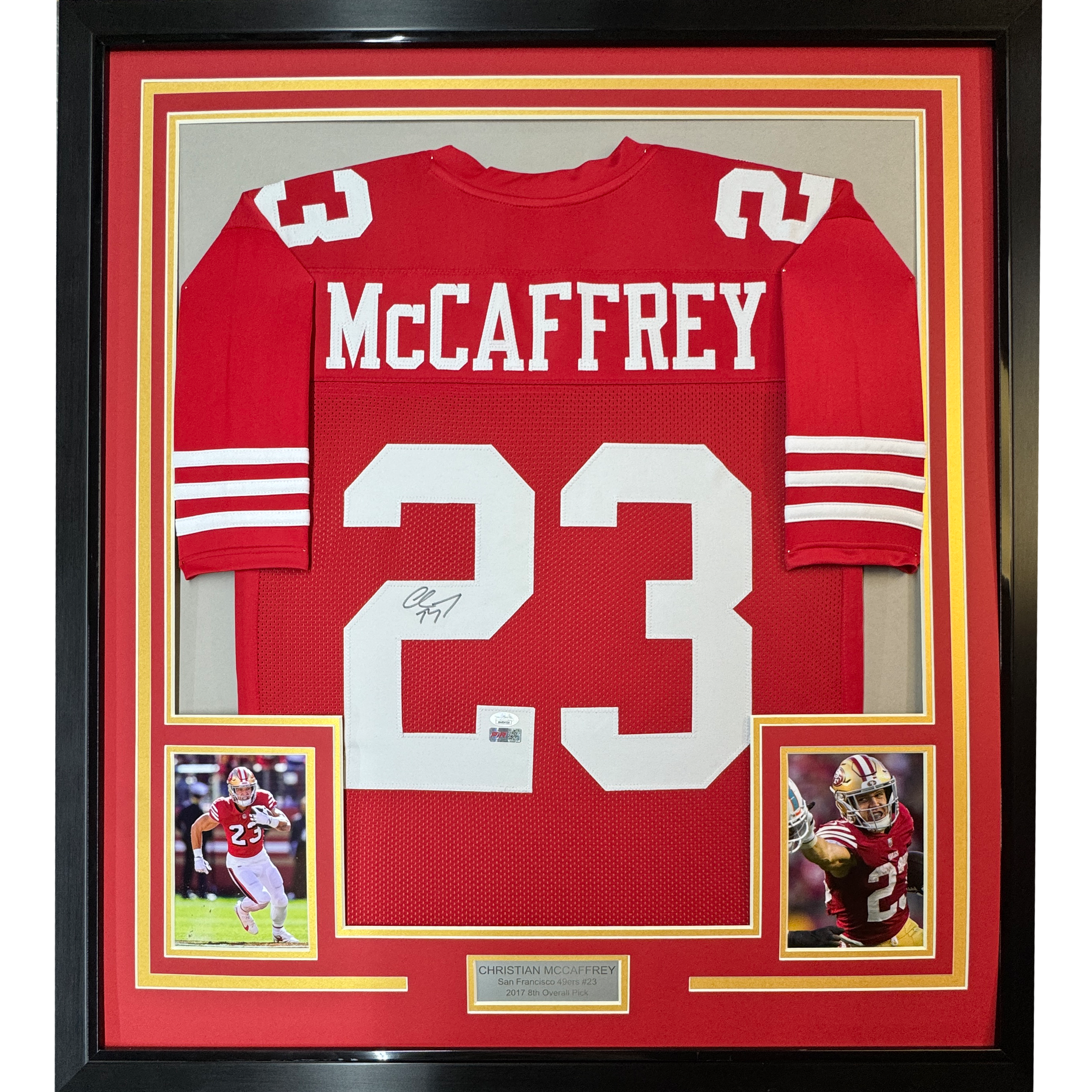 Framed Autographed/Signed Christian McCaffrey 35x39 San Francisco Red Football Jersey Beckett BAS COA