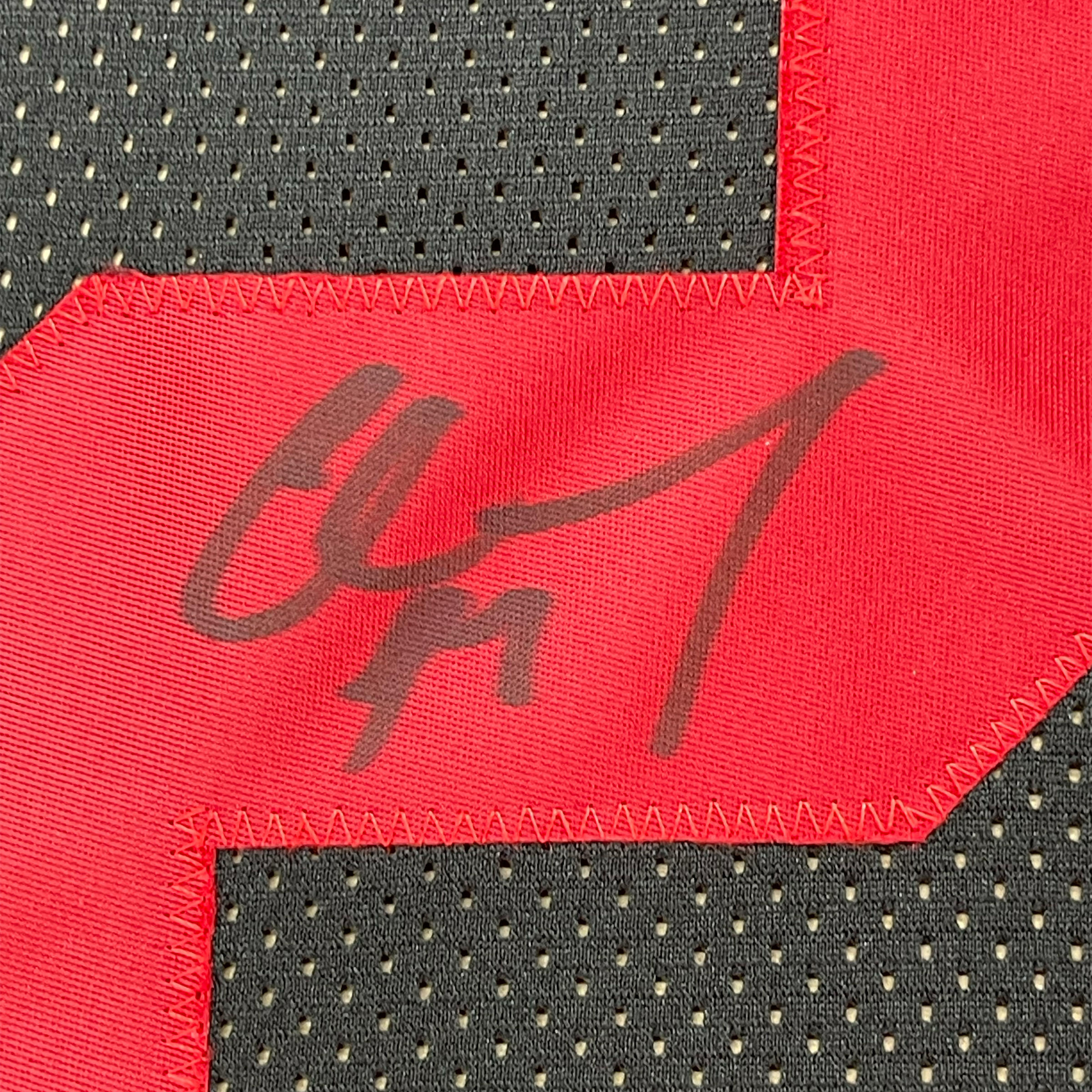 Framed Autographed/Signed Christian McCaffrey 35x39 San Francisco Black Football Jersey JSA COA