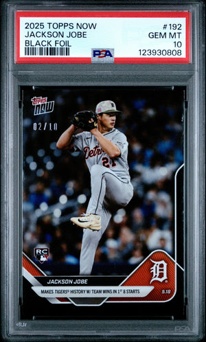 Graded 2025 Topps Now Jackson Jobe #192 Black Foil /10 Rookie RC Baseball Card PSA 10 Gem Mint
