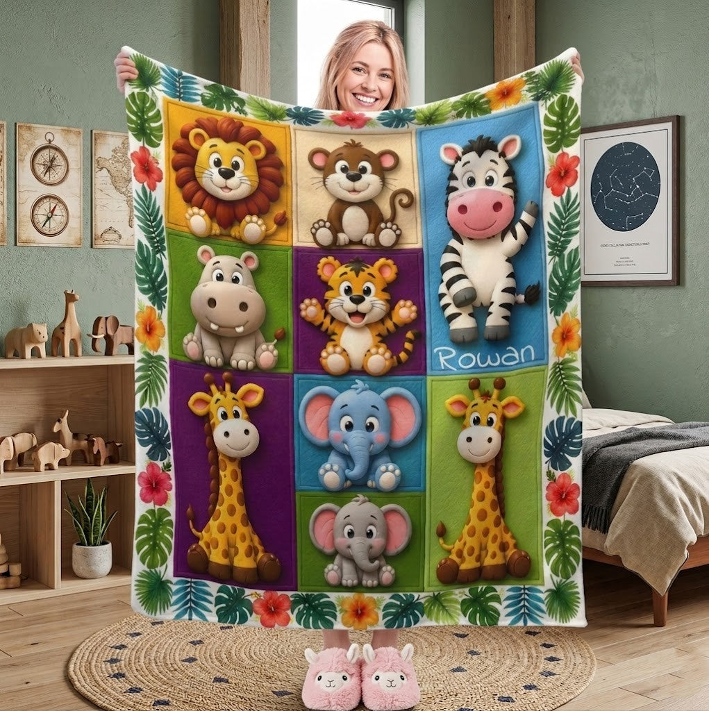 Personalised Safari Animals Name Blanket | 3D Effect Kids Gift