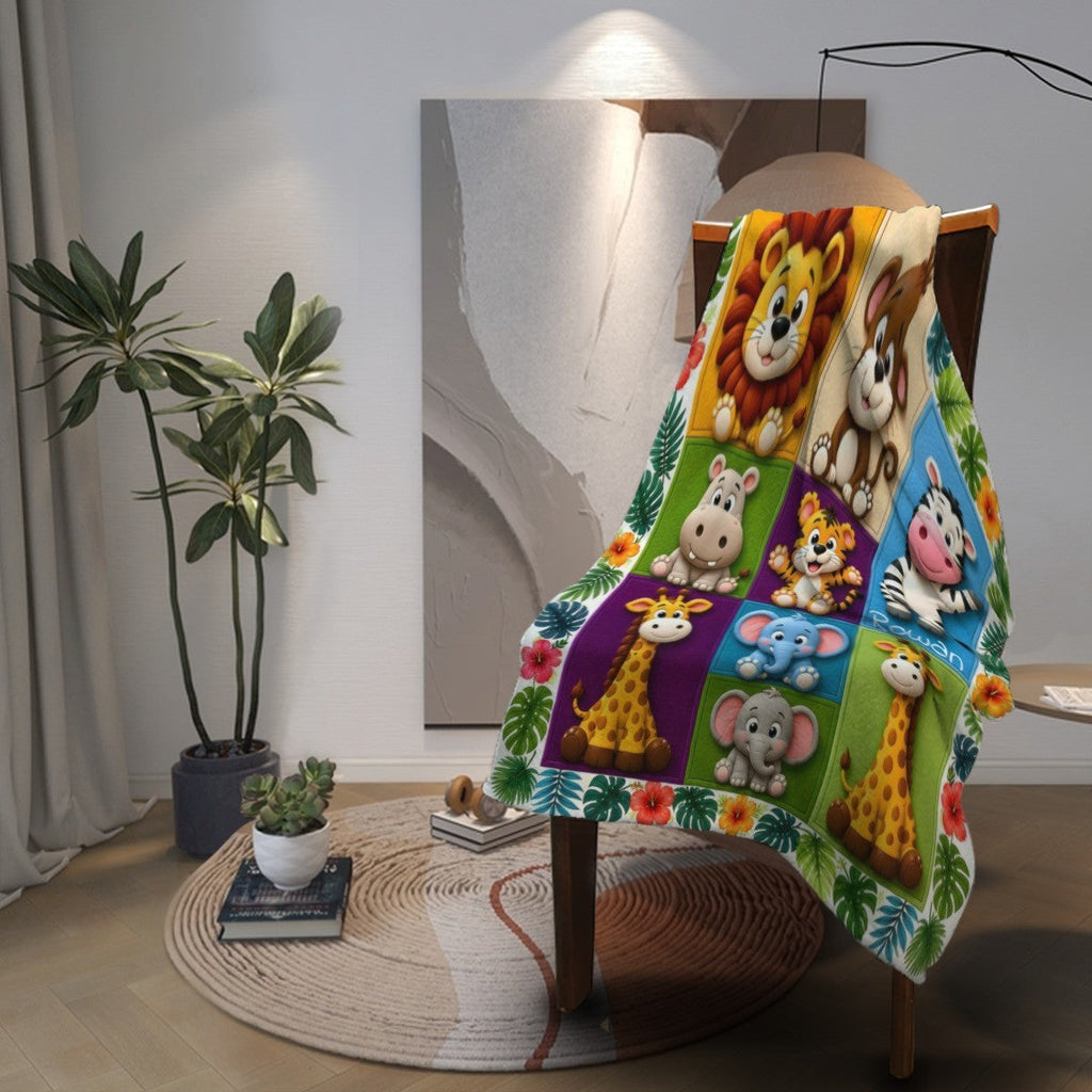 Personalised Safari Animals Name Blanket | 3D Effect Kids Gift