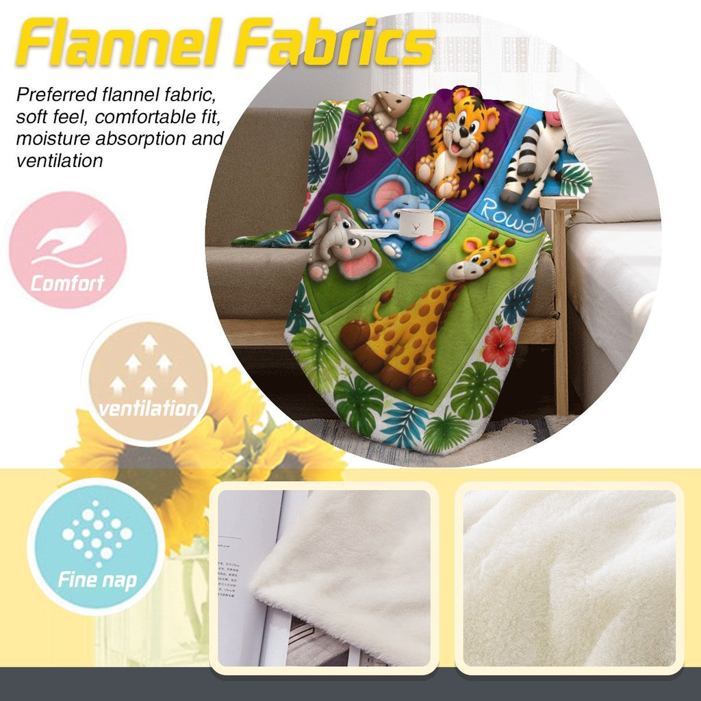 Personalised Safari Animals Name Blanket | 3D Effect Kids Gift