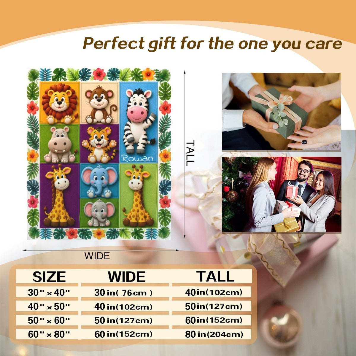Personalised Safari Animals Name Blanket | 3D Effect Kids Gift