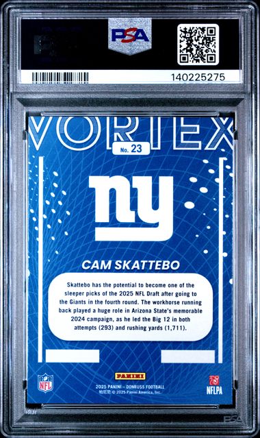 Graded 2025 Panini Donruss Cam Skattebo #23 Vortex Rookie RC Football Card PSA 10 Gem Mint