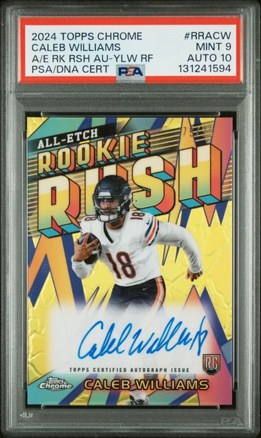 Graded 2024 Topps Chrome Caleb Williams #RRACW 75/75 All Etch Rookie Rush Yellow Refractor Rookie RC Football Card PSA 10 Auto Gem Mint