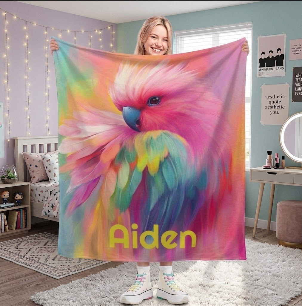 Personalized Rainbow Parrot Name Blanket | Colorful Bird Lover Gift