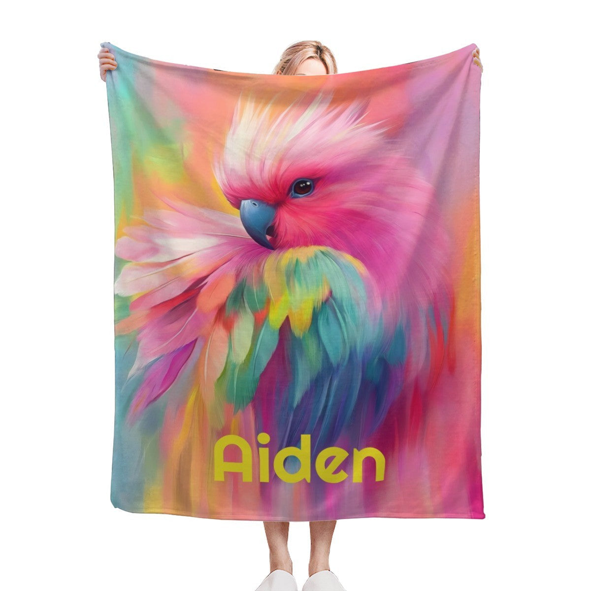 Personalized Rainbow Parrot Name Blanket | Colorful Bird Lover Gift