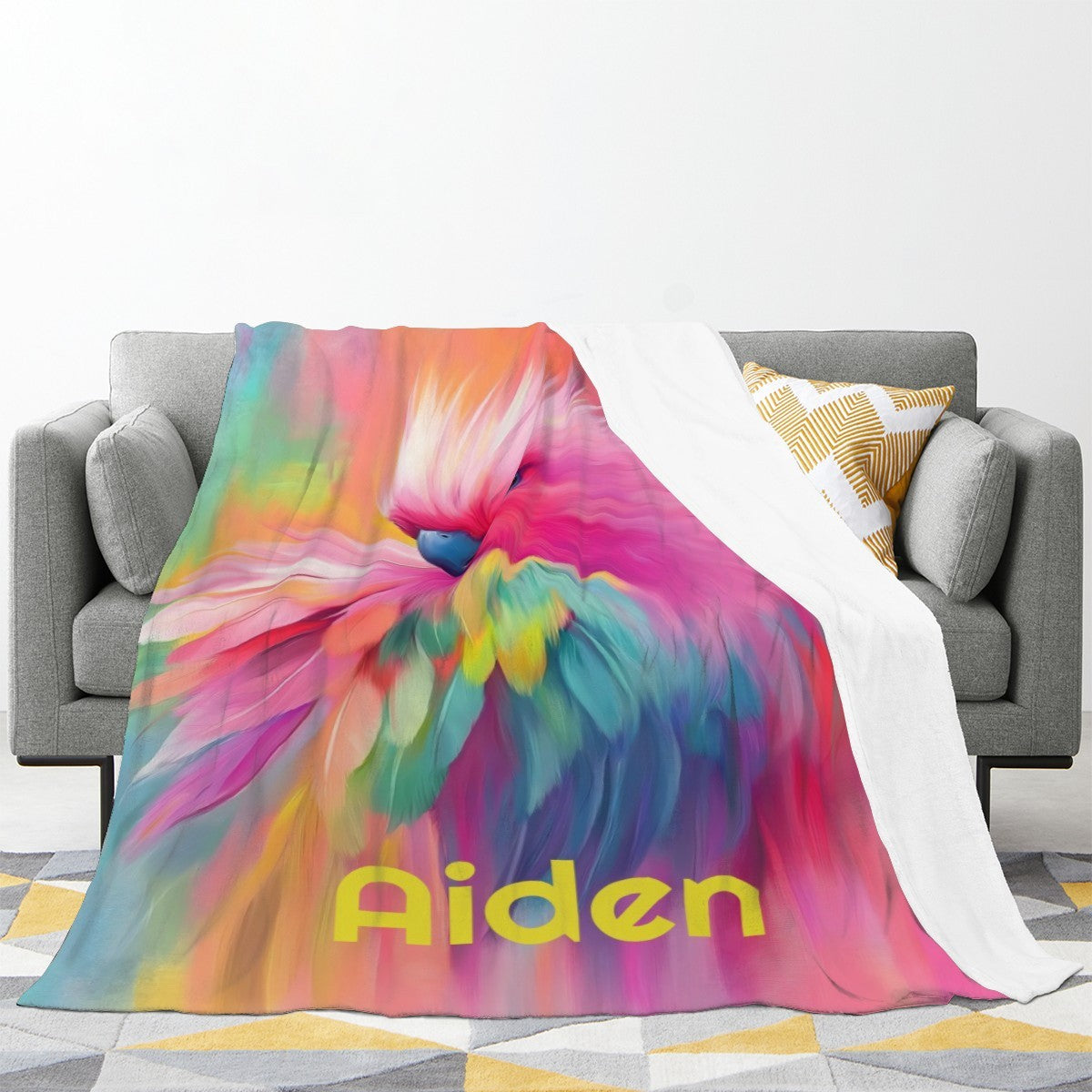 Personalized Rainbow Parrot Name Blanket | Colorful Bird Lover Gift