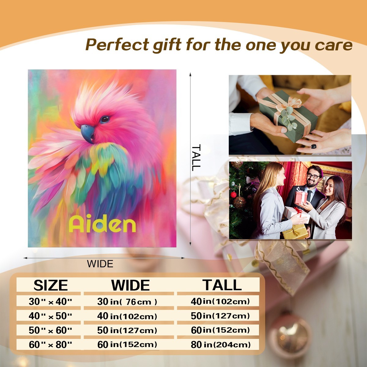 Personalized Rainbow Parrot Name Blanket | Colorful Bird Lover Gift