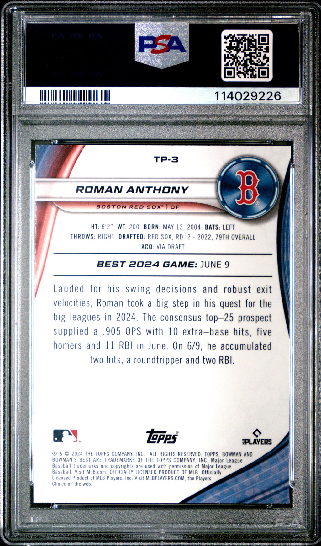 Graded 2024 Topps Bowmans Best Roman Anthony #TP3 Top Prospects Aqua Lava /199 Rookie RC Baseball Card PSA 10 Gem Mint